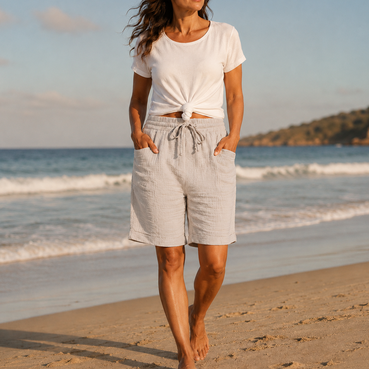 Womens Knee Length Shorts with Drawstring Waist and Pockets