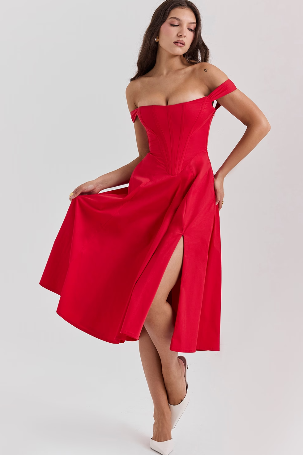 Corset Midi Dress with Square Neck in Lined Fabric and A-Line Cut