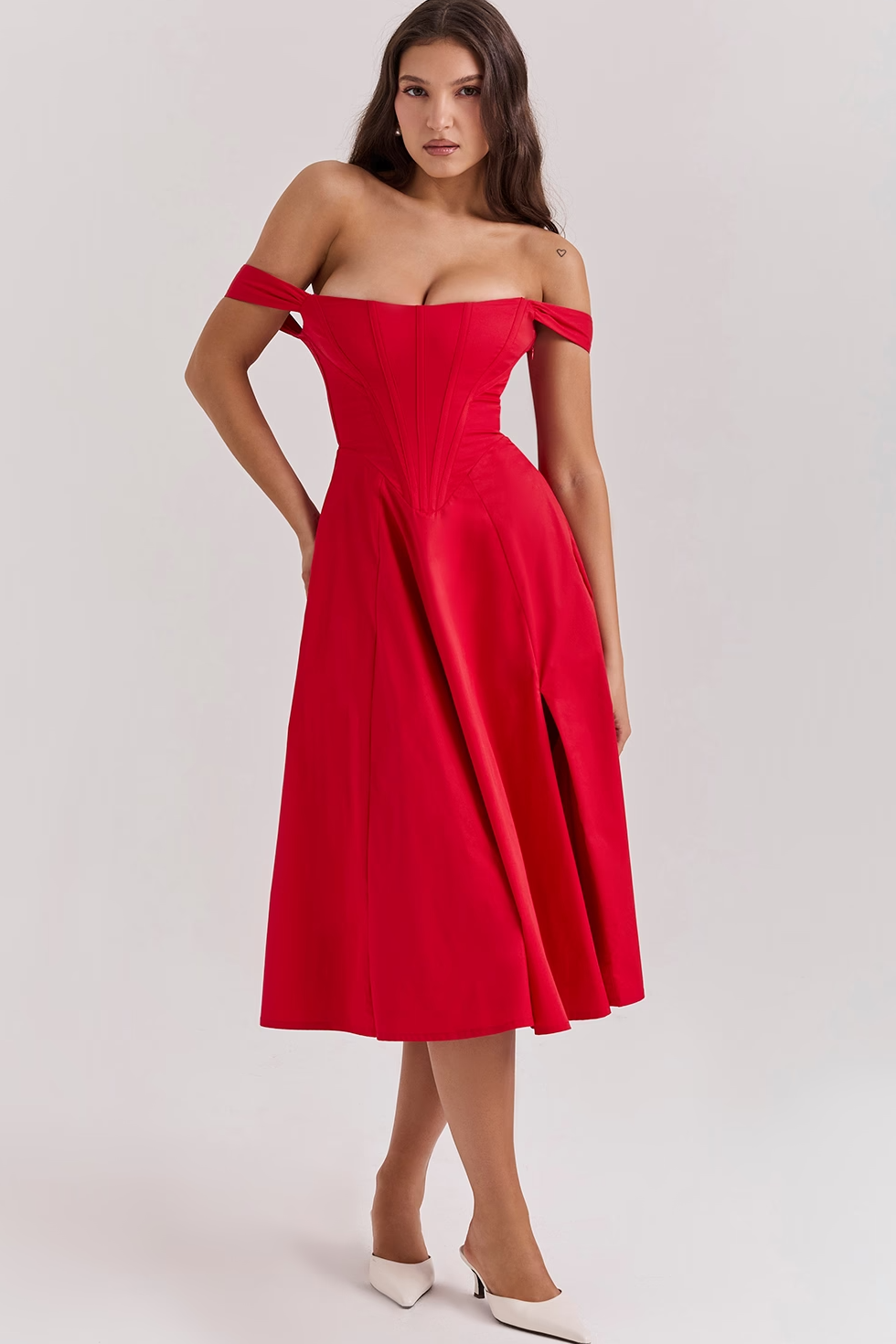 Corset Midi Dress with Square Neck in Lined Fabric and A-Line Cut