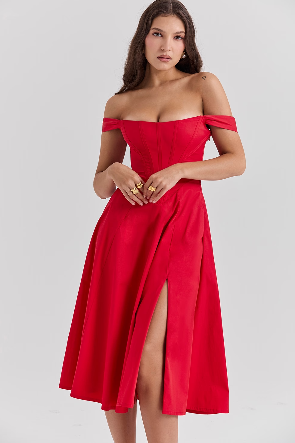 Corset Midi Dress with Square Neck in Lined Fabric and A-Line Cut