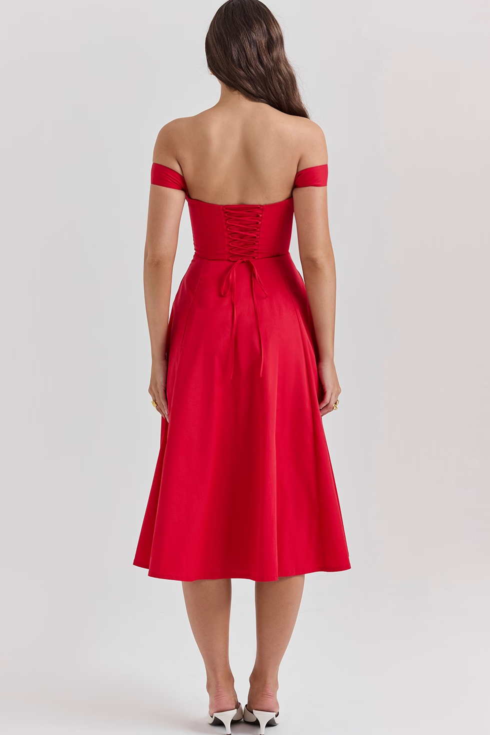 Corset Midi Dress with Square Neck in Lined Fabric and A-Line Cut