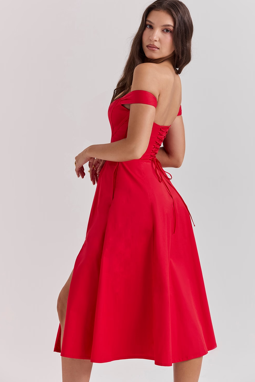 Corset Midi Dress with Square Neck in Lined Fabric and A-Line Cut