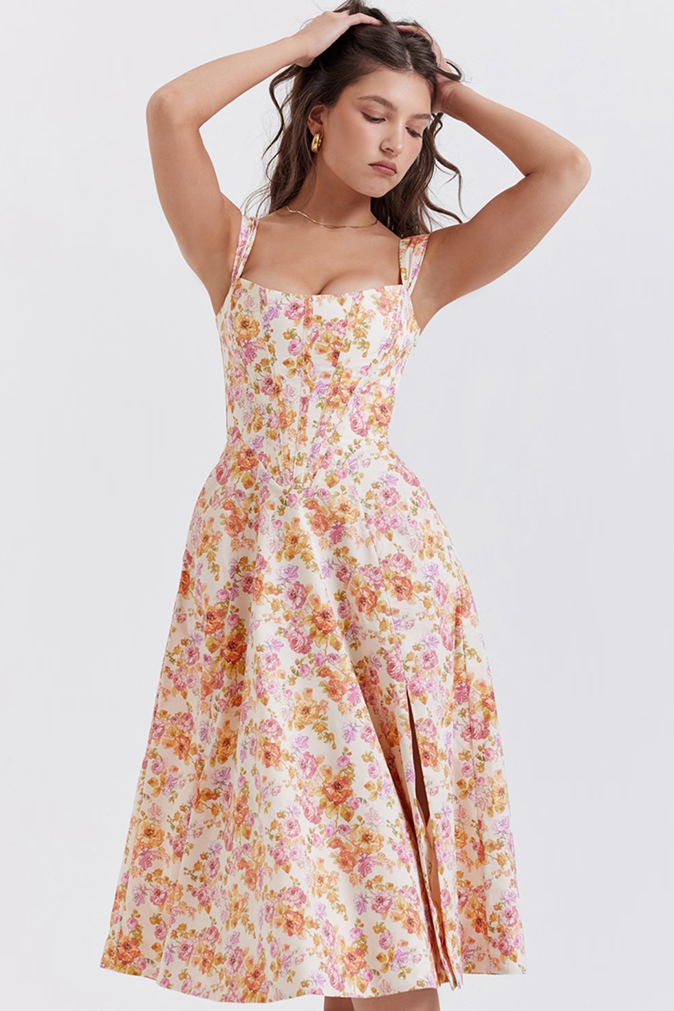 Corset Midi Dress with Square Neck in Lined Fabric and A-Line Cut
