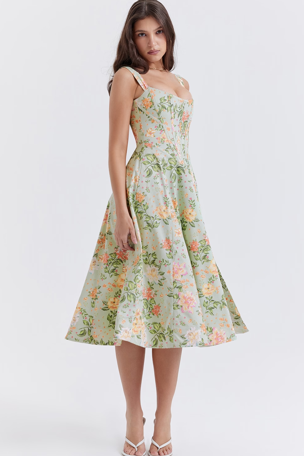 Corset Midi Dress with Square Neck in Lined Fabric and A-Line Cut