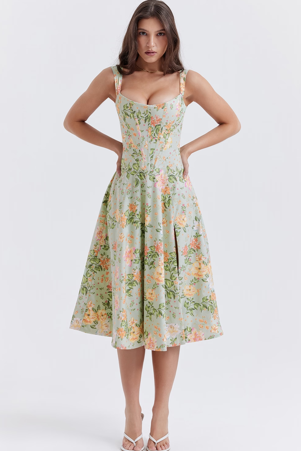 Corset Midi Dress with Square Neck in Lined Fabric and A-Line Cut