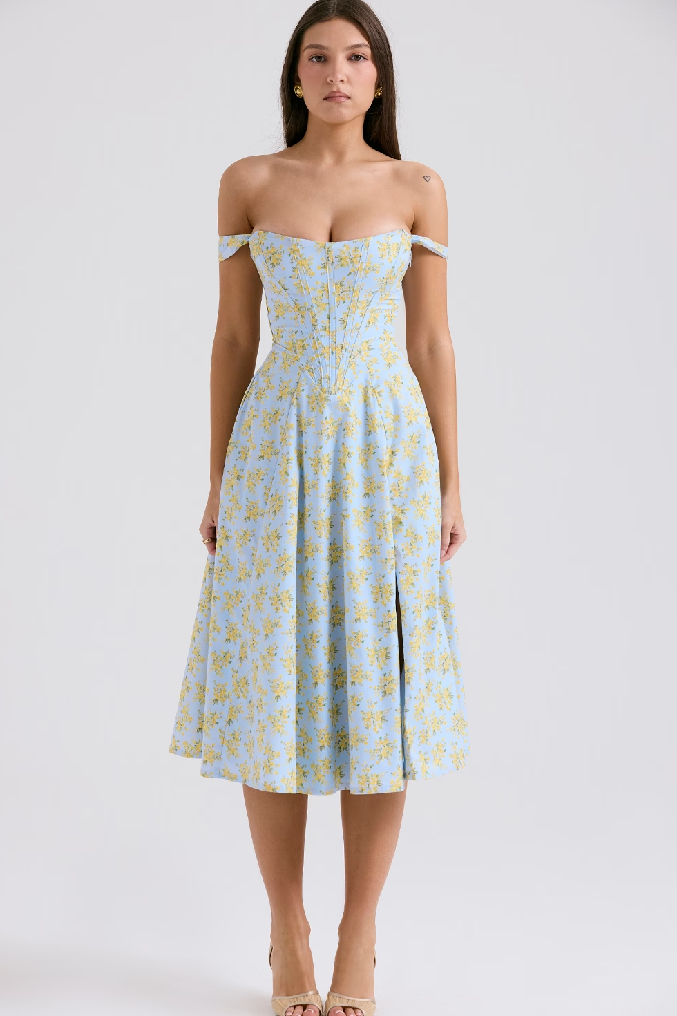 Corset Midi Dress with Square Neck in Lined Fabric and A-Line Cut