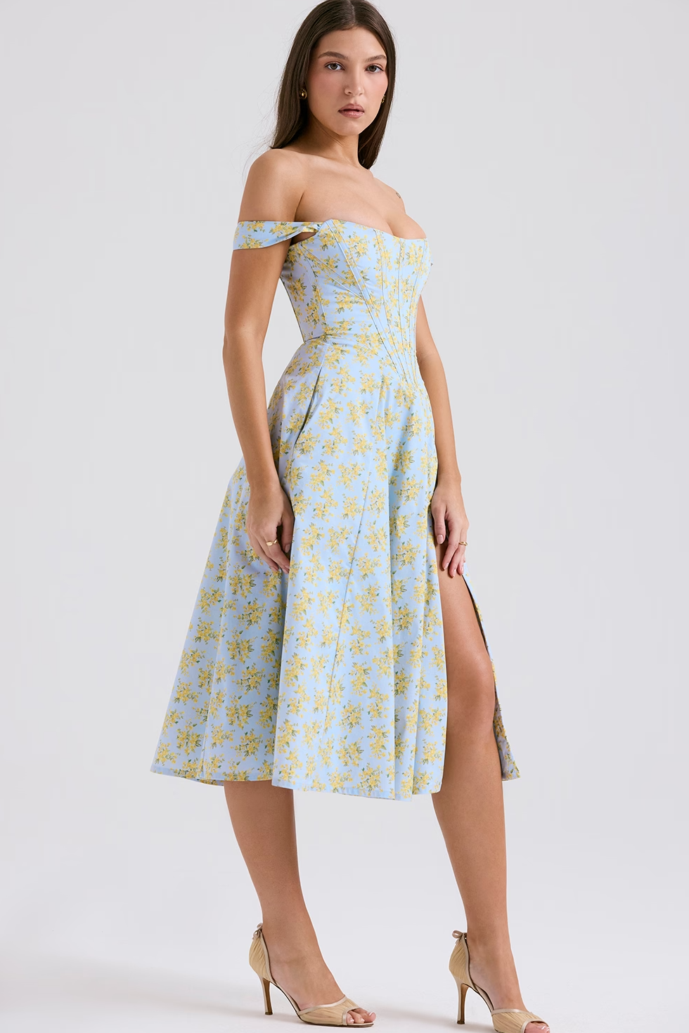 Corset Midi Dress with Square Neck in Lined Fabric and A-Line Cut