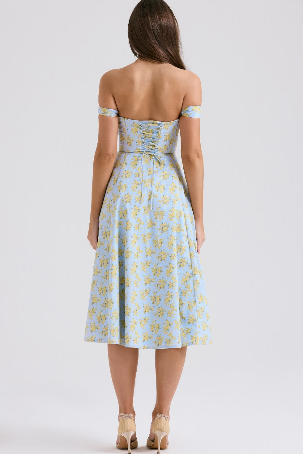 Corset Midi Dress with Square Neck in Lined Fabric and A-Line Cut