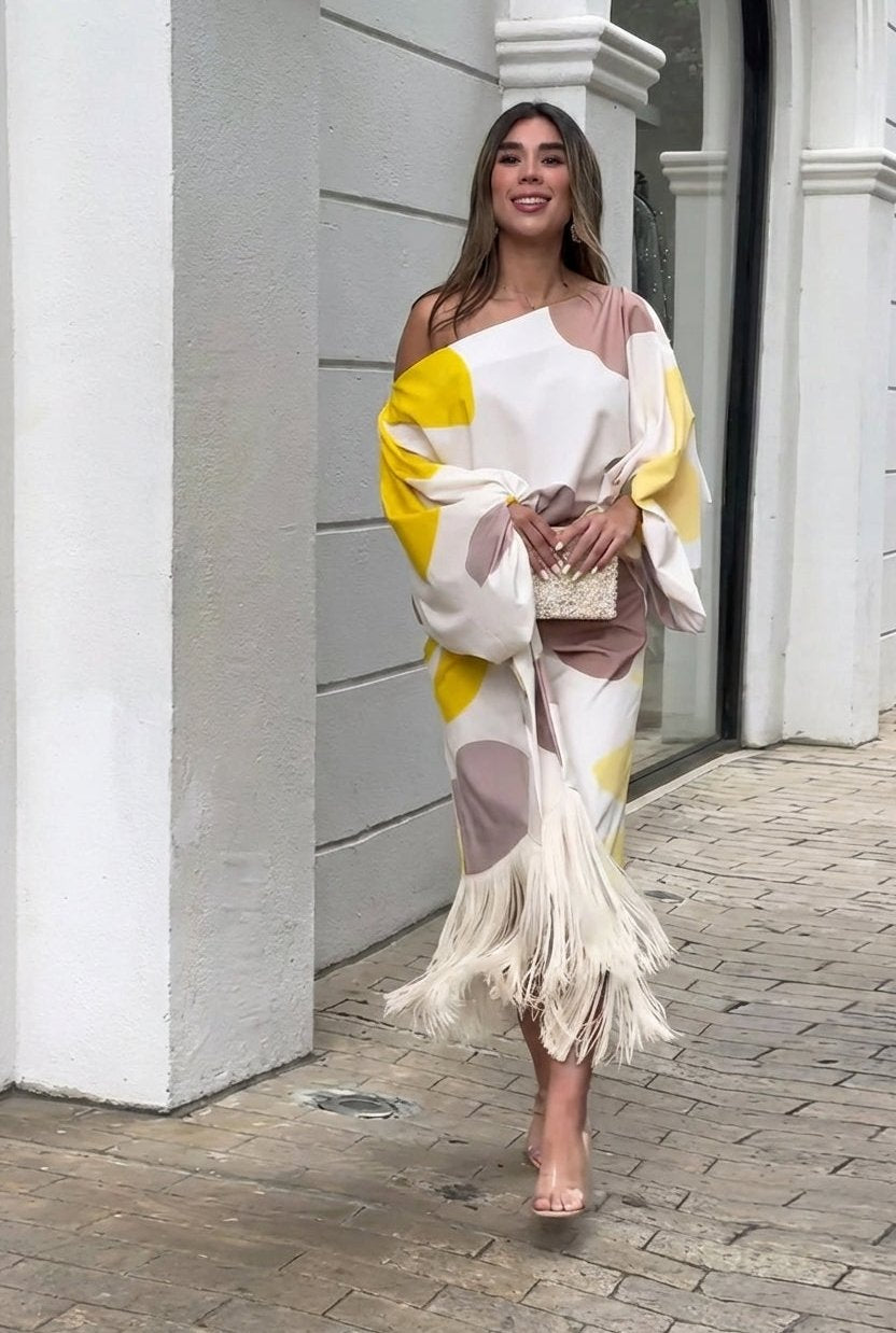 Long Sleeve Midi Dress with One Shoulder Neckline and Fringe Hem
