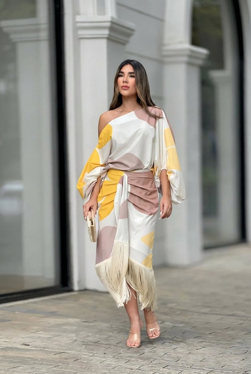 Long Sleeve Midi Dress with One Shoulder Neckline and Fringe Hem
