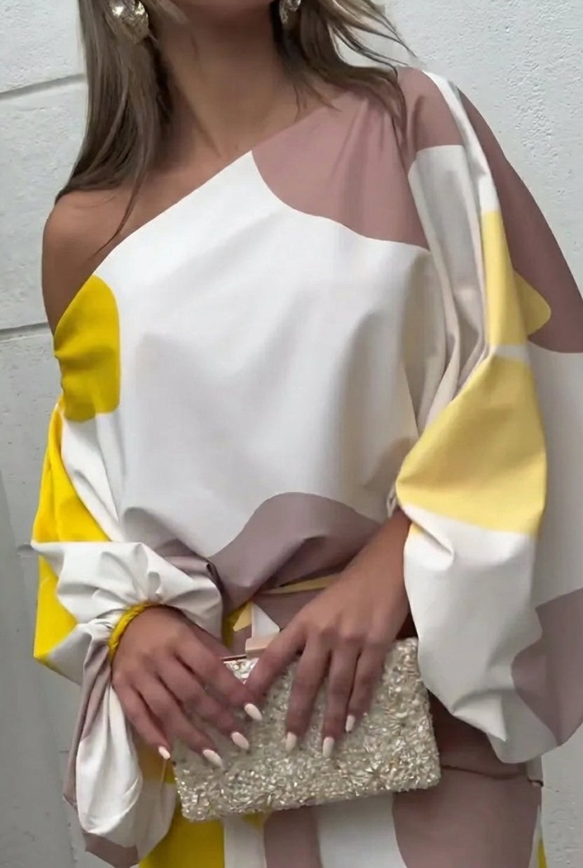 Long Sleeve Midi Dress with One Shoulder Neckline and Fringe Hem