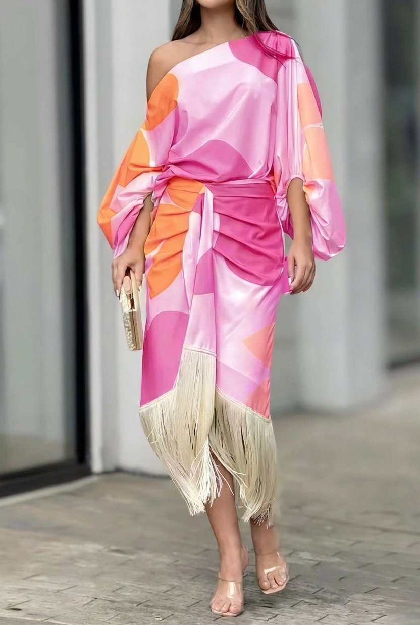 Long Sleeve Midi Dress with One Shoulder Neckline and Fringe Hem
