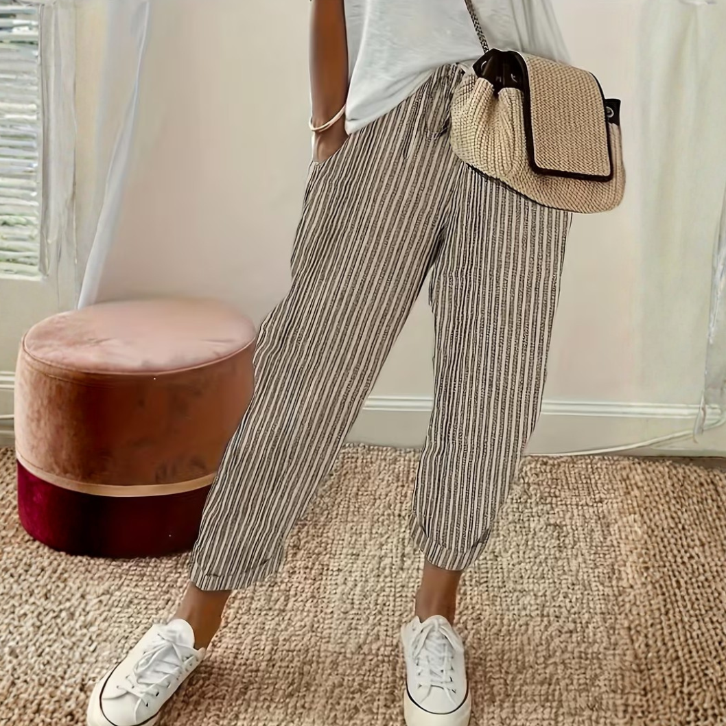 Womens Wide Leg Pants with Striped Pattern in Linen Look