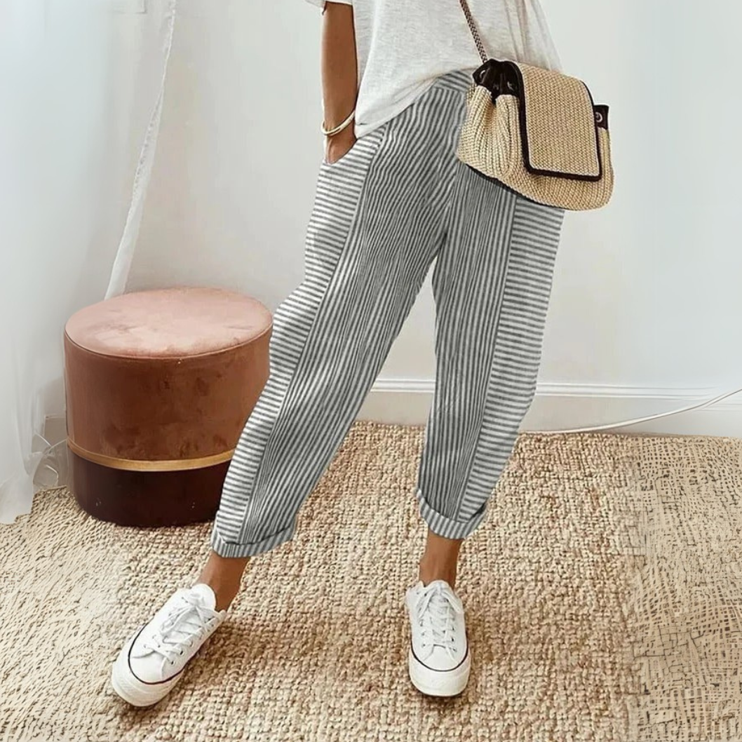 Womens Wide Leg Pants with Striped Pattern in Linen Look