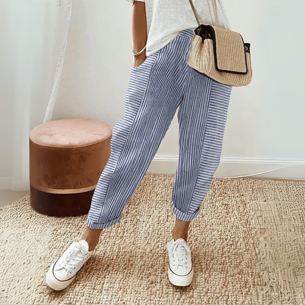Womens Wide Leg Pants with Striped Pattern in Linen Look