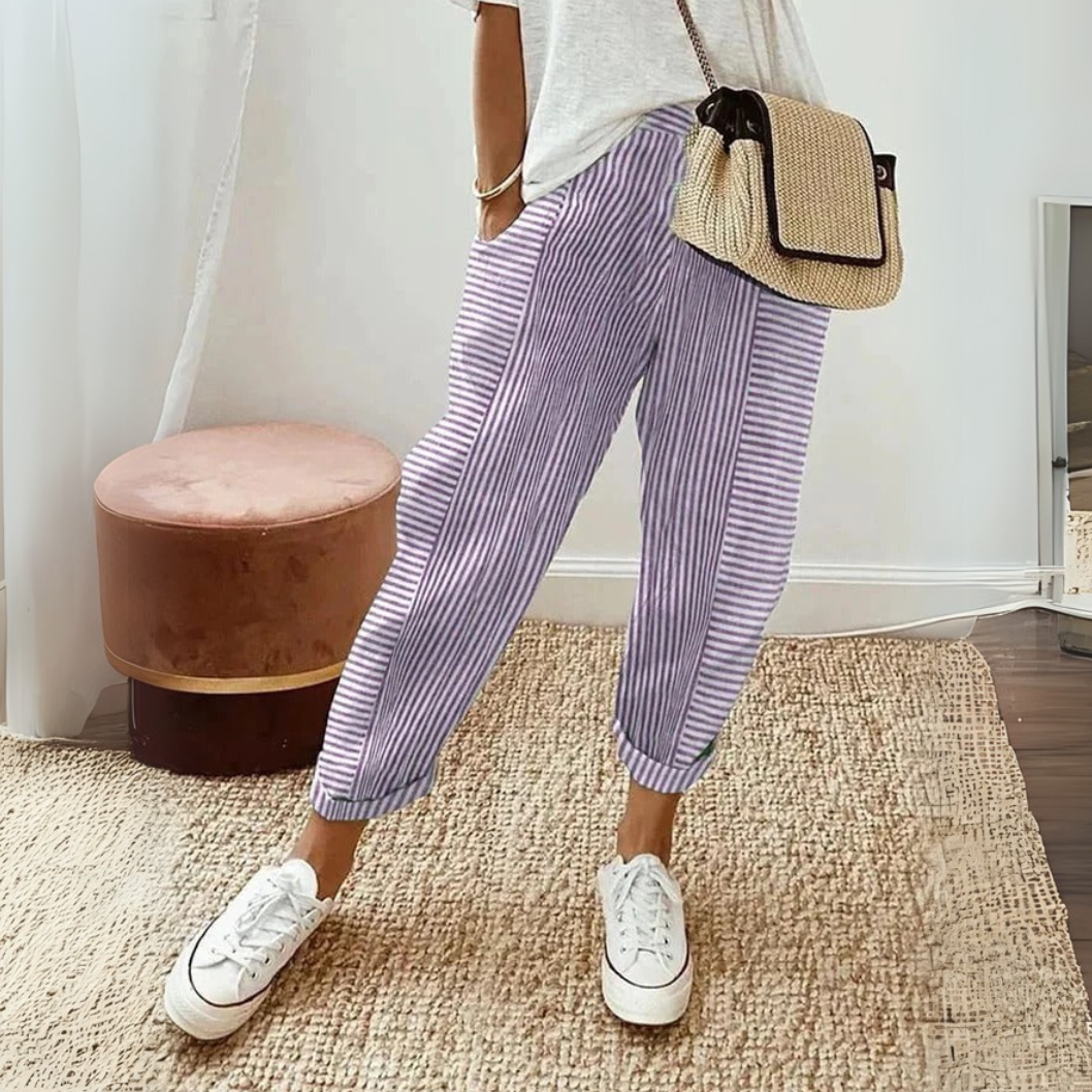 Womens Wide Leg Pants with Striped Pattern in Linen Look