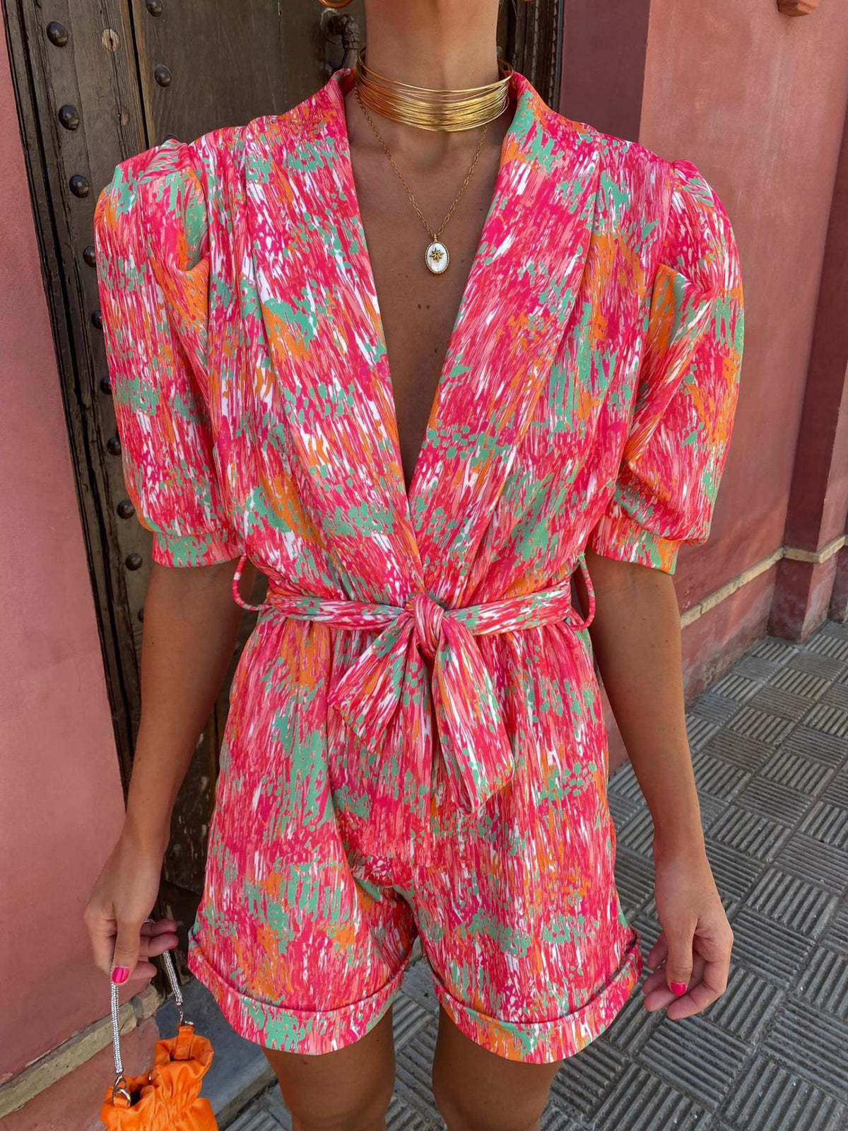 Short Jumpsuit with Vibrant Print for Women, Breathable Summer Fabric