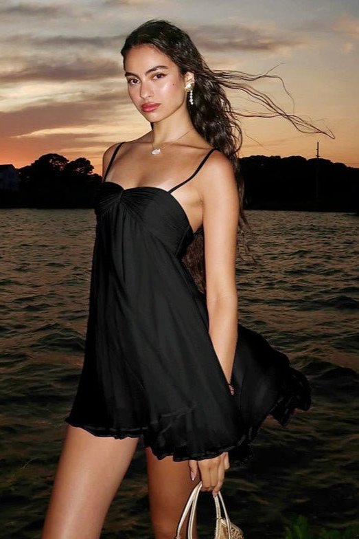 Women's Babydoll Mini Dress with Chiffon Look and Spaghetti Straps