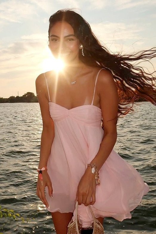 Women's Babydoll Mini Dress with Chiffon Look and Spaghetti Straps