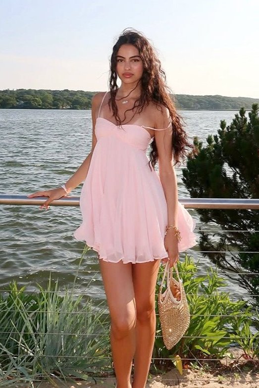 Women's Babydoll Mini Dress with Chiffon Look and Spaghetti Straps