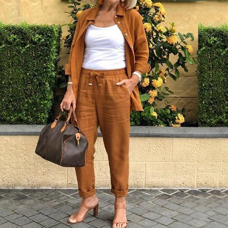 Womens Two Piece Trouser Set with Linen Shirt and Drawstring Pants
