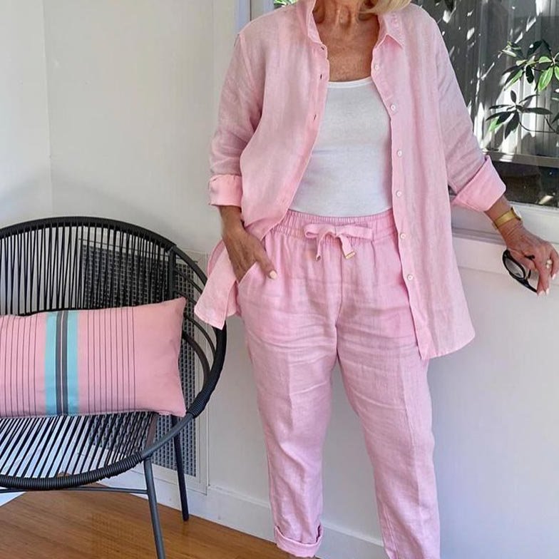 Womens Two Piece Trouser Set with Linen Shirt and Drawstring Pants