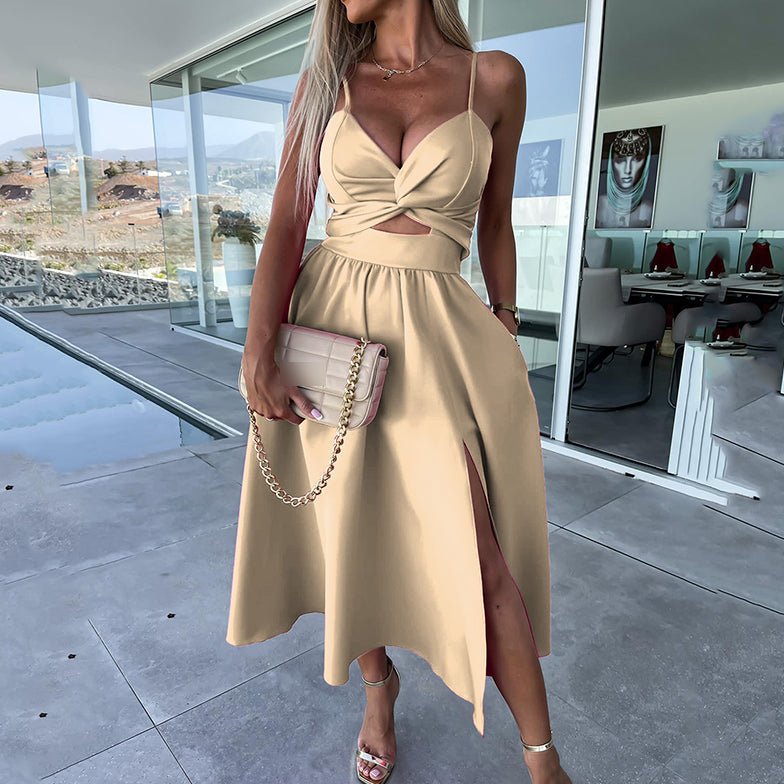 Women's Cut-Out Midi Dress with Sweetheart Neck and Leg Split