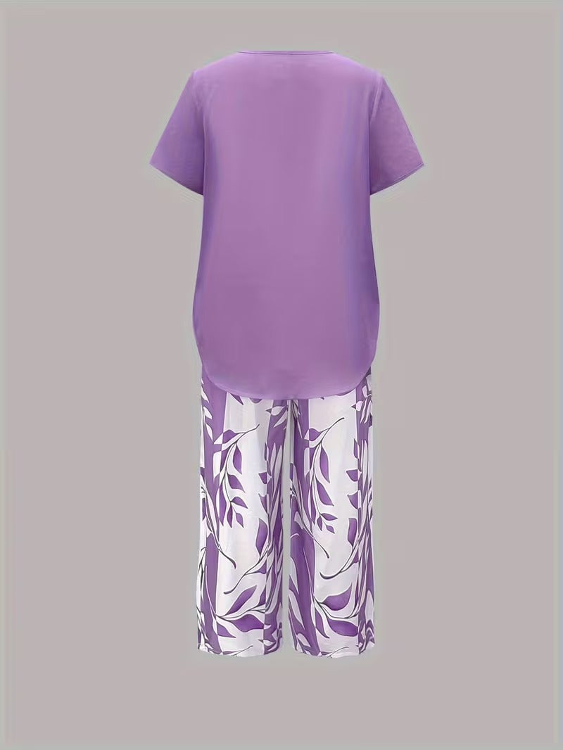 Summer 2 Piece Sets for Women with Leaf Print Tee and Wide Leg Pants