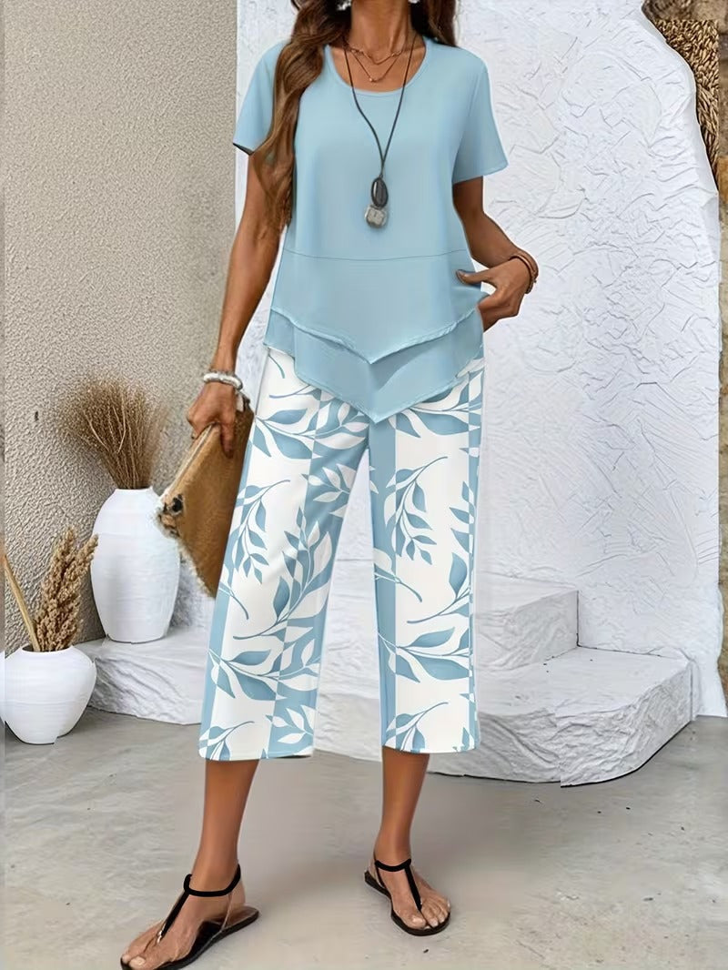 Summer 2 Piece Sets for Women with Leaf Print Tee and Wide Leg Pants
