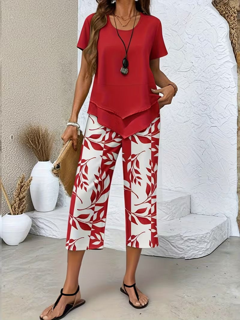Summer 2 Piece Sets for Women with Leaf Print Tee and Wide Leg Pants