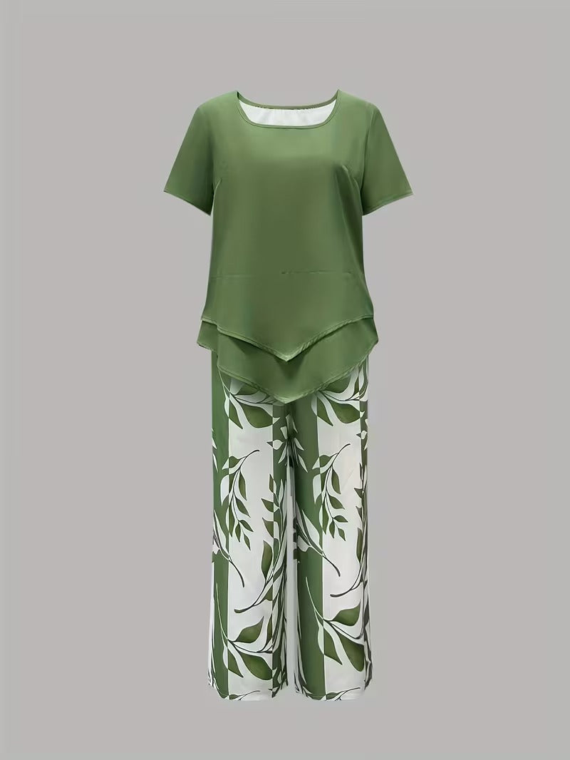 Summer 2 Piece Sets for Women with Leaf Print Tee and Wide Leg Pants