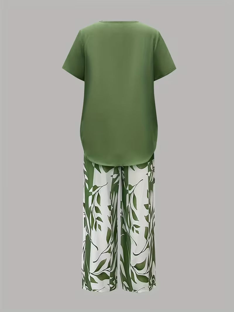 Summer 2 Piece Sets for Women with Leaf Print Tee and Wide Leg Pants