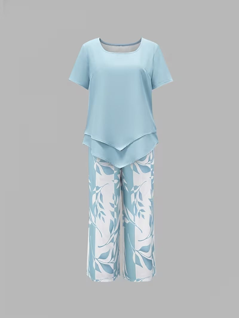 Summer 2 Piece Sets for Women with Leaf Print Tee and Wide Leg Pants