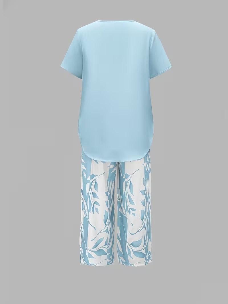 Summer 2 Piece Sets for Women with Leaf Print Tee and Wide Leg Pants