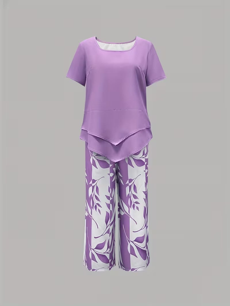 Summer 2 Piece Sets for Women with Leaf Print Tee and Wide Leg Pants