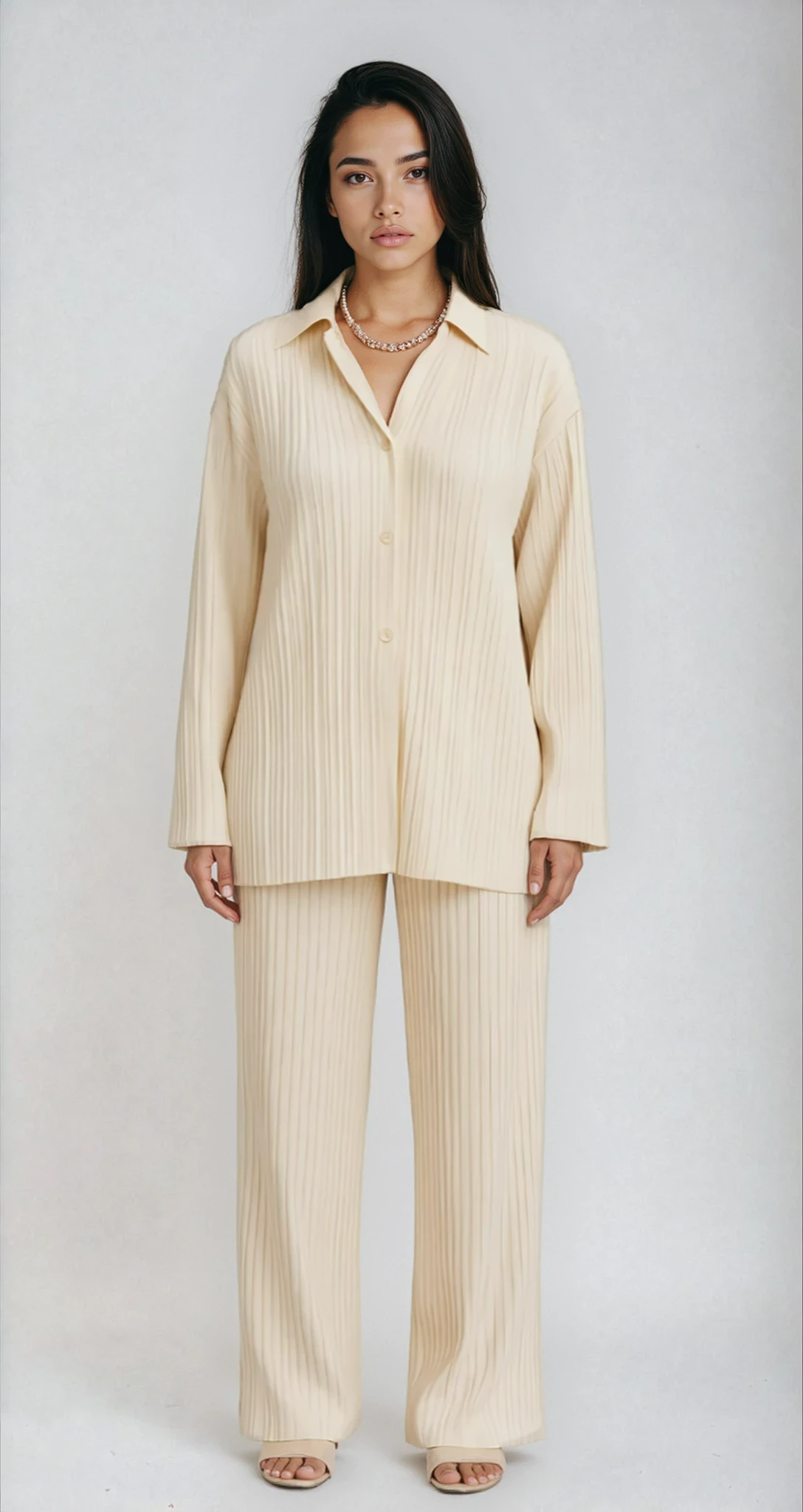 Summer 2 Piece Sets for Women with Pleated Shirt and Wide Leg Pants