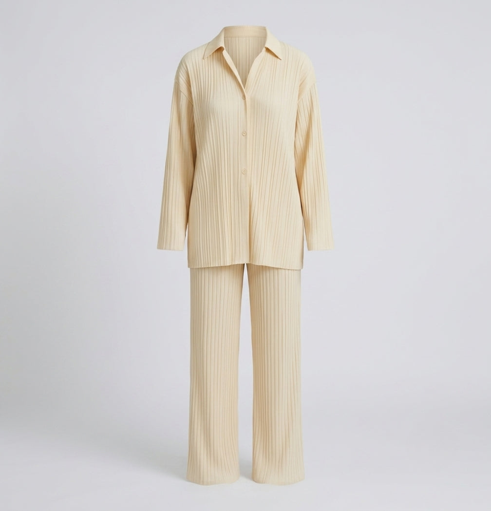 Summer 2 Piece Sets for Women with Pleated Shirt and Wide Leg Pants