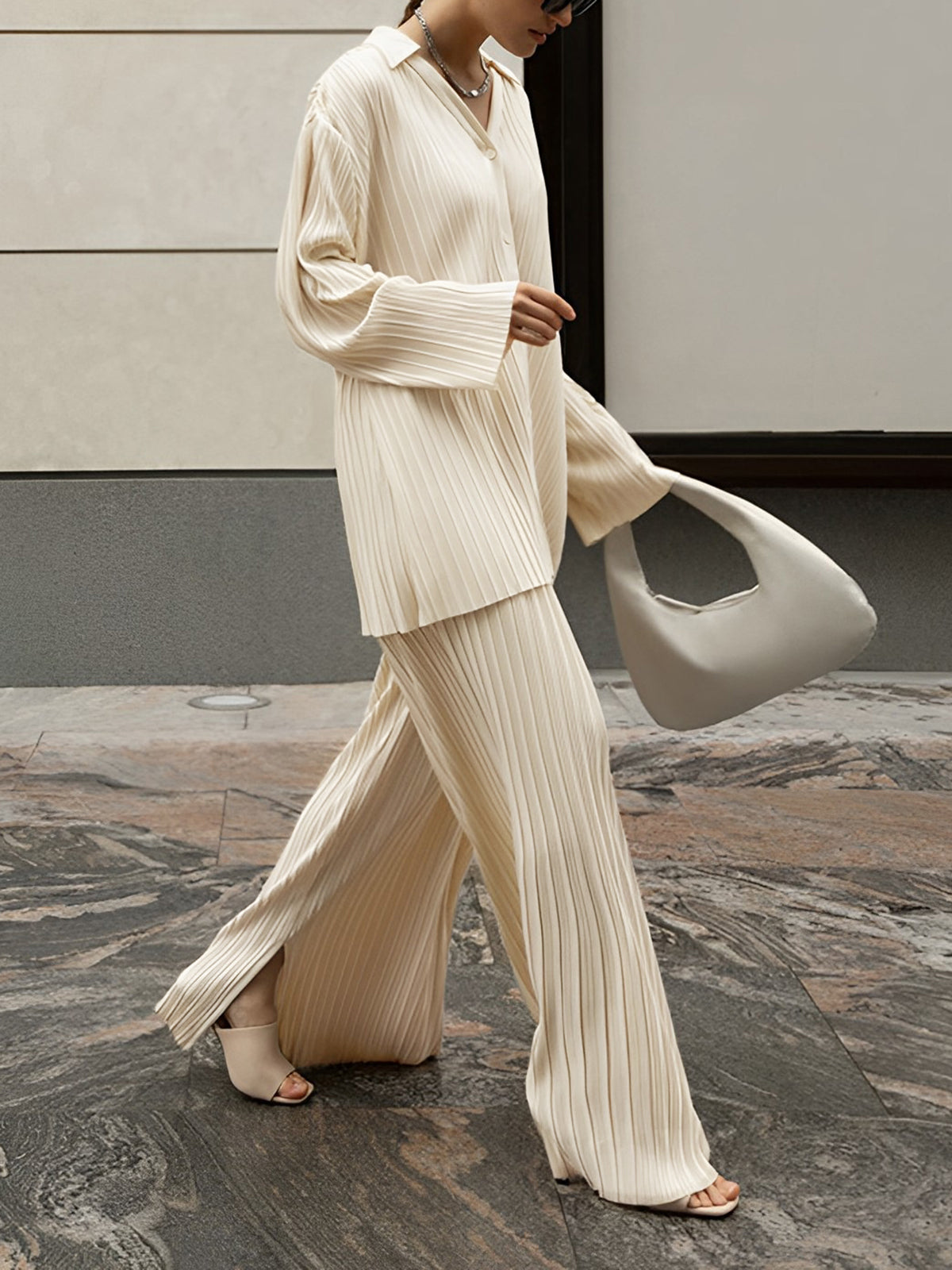 Summer 2 Piece Sets for Women with Pleated Shirt and Wide Leg Pants