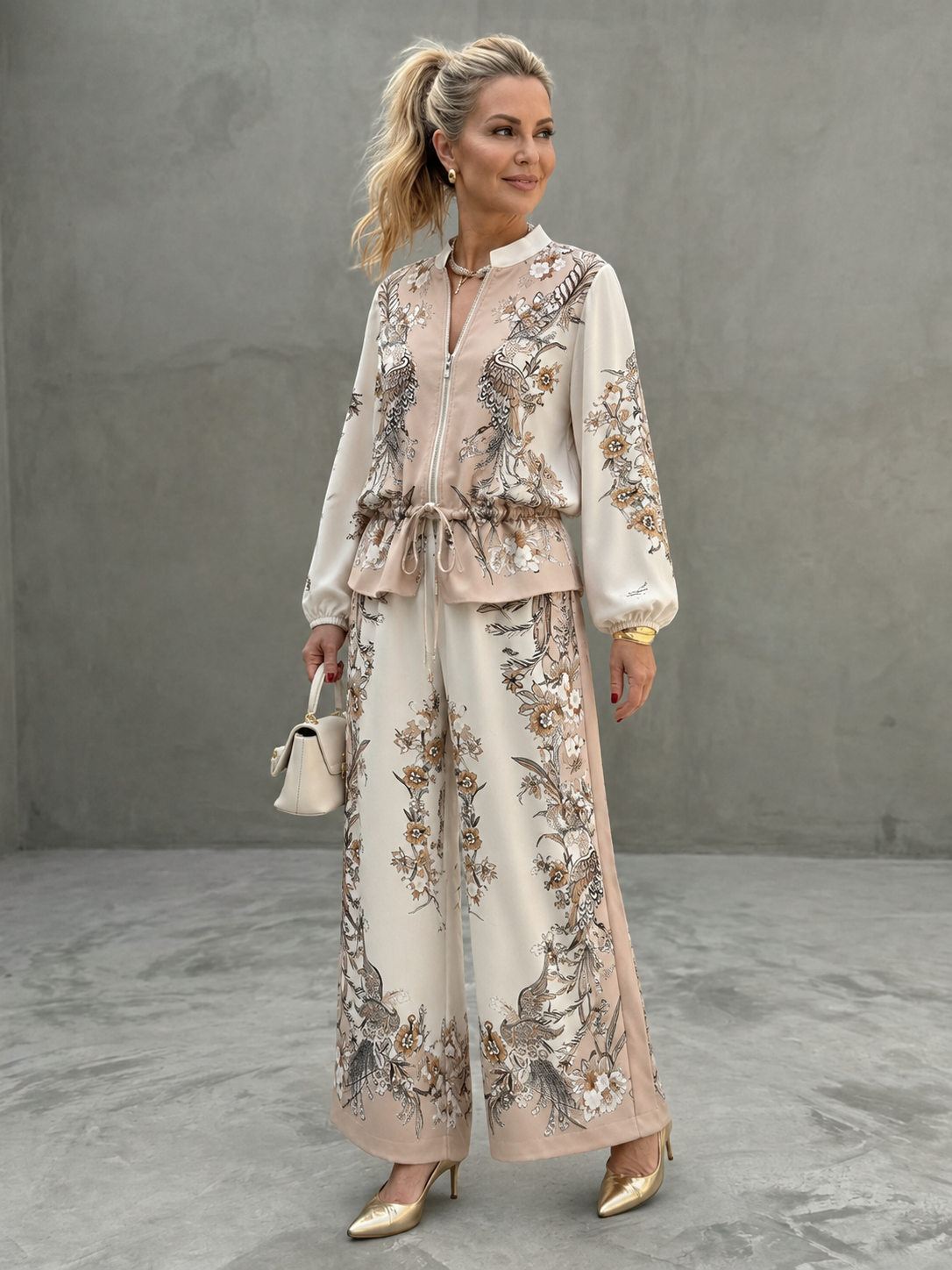 Summer 2 Piece Sets for Women, Zip Top and Wide Leg Floral Trousers