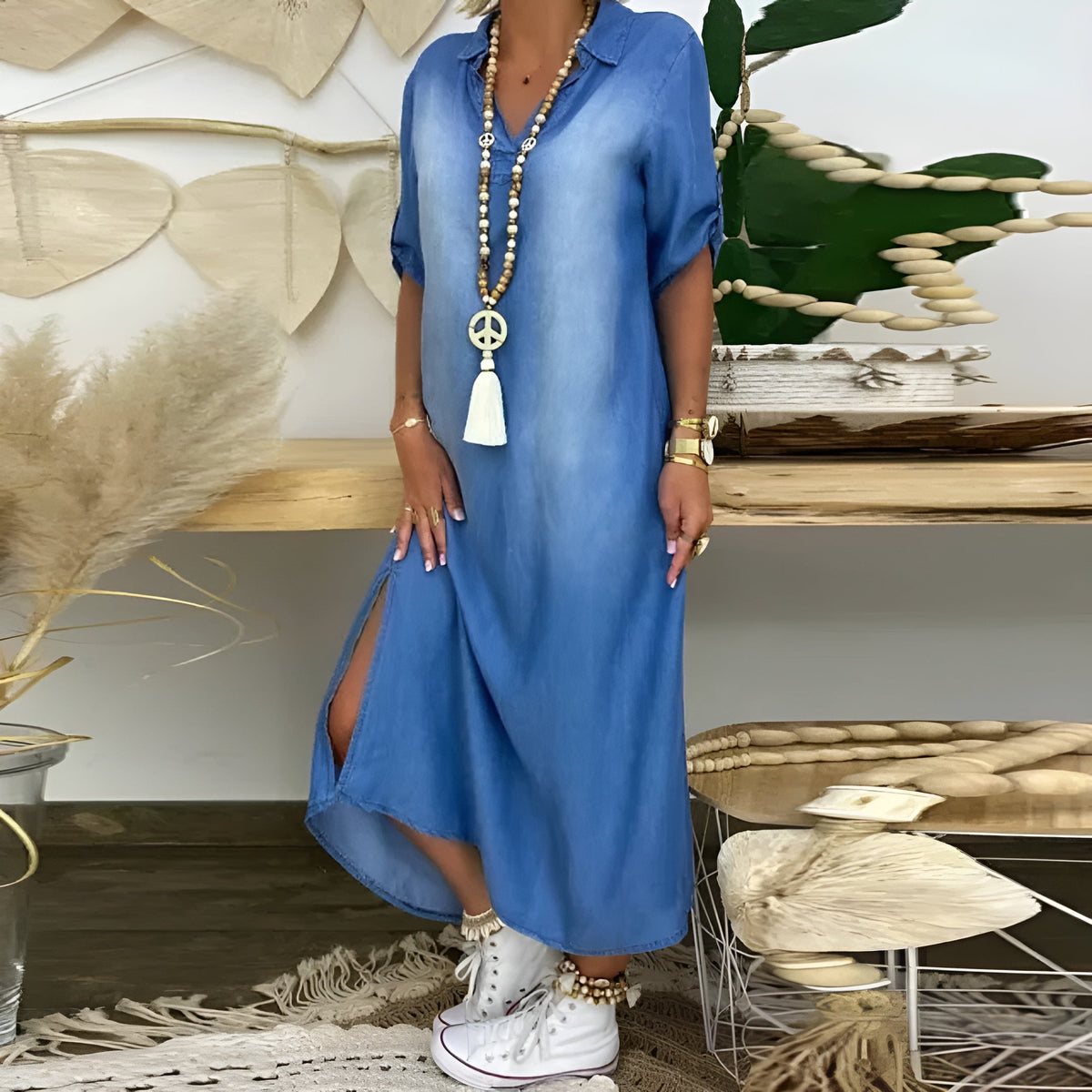 Summer Dresses: Blue Denim Midi Dress with V-Neck for Women