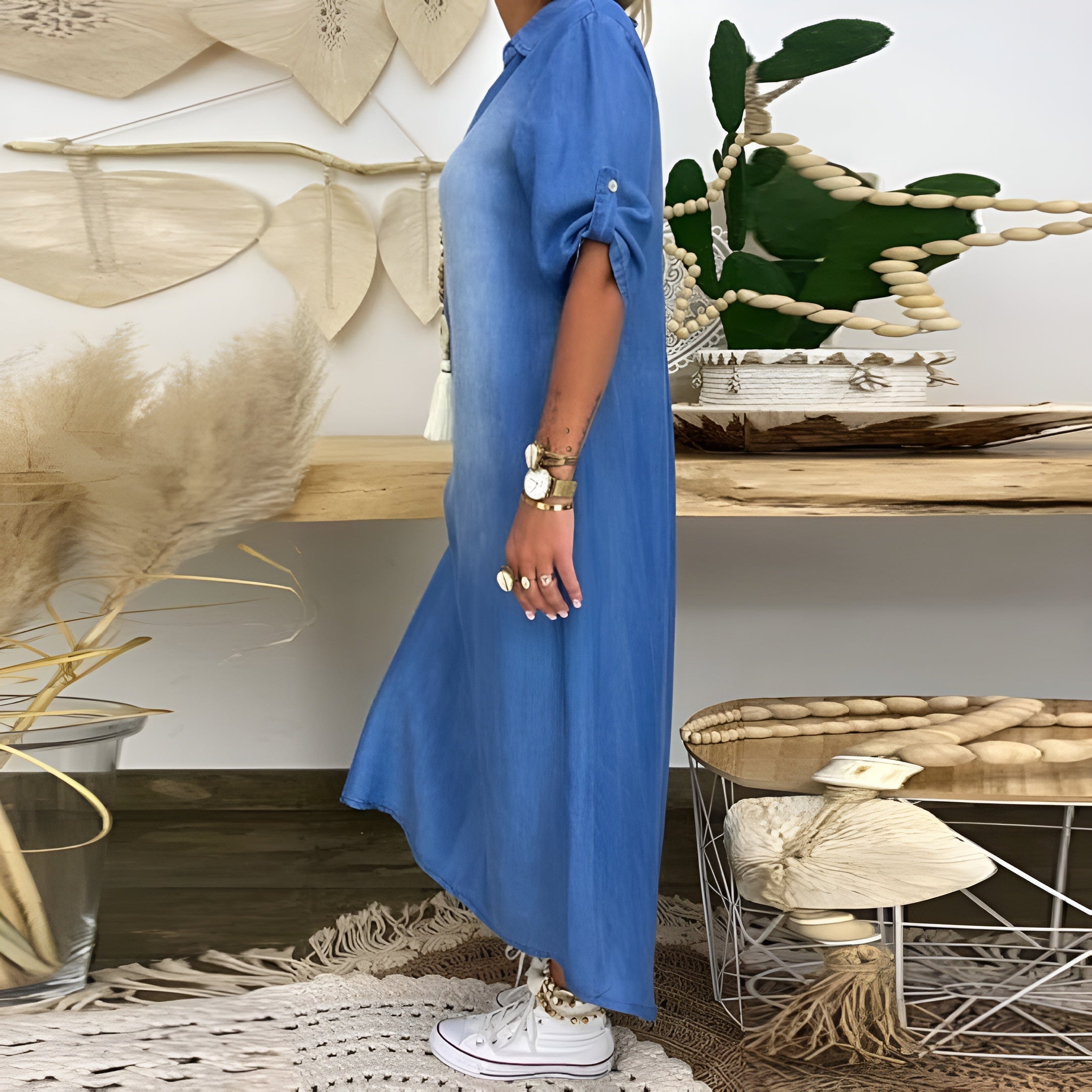 Summer Dresses: Blue Denim Midi Dress with V-Neck for Women