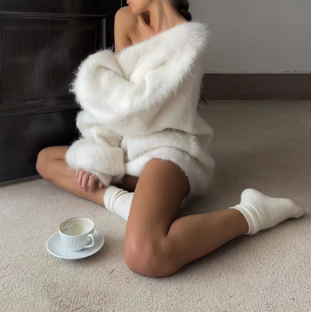 Summer Dresses Fluffy Oversized Sweater Dress with Boat Neck for Women