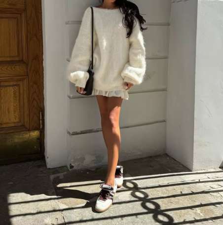 Summer Dresses Fluffy Oversized Sweater Dress with Boat Neck for Women