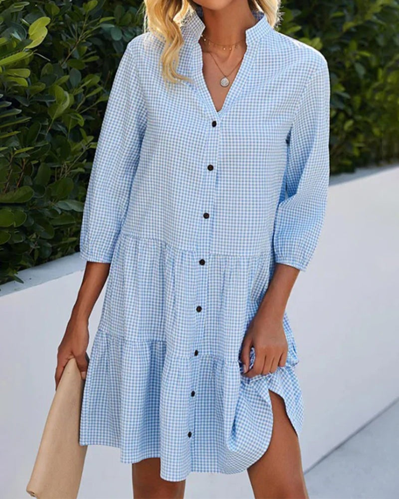 Summer Dresses for Women, Blue Gingham Tiered Mini Dress with V-Neck