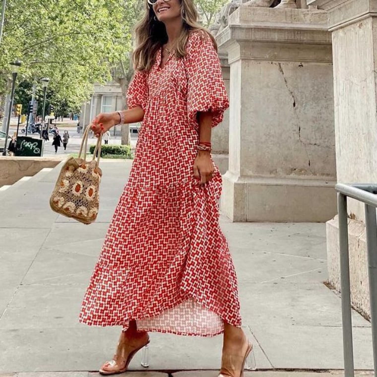 Summer Dresses for Women, Boho Floral Maxi Dress with Puff Sleeves