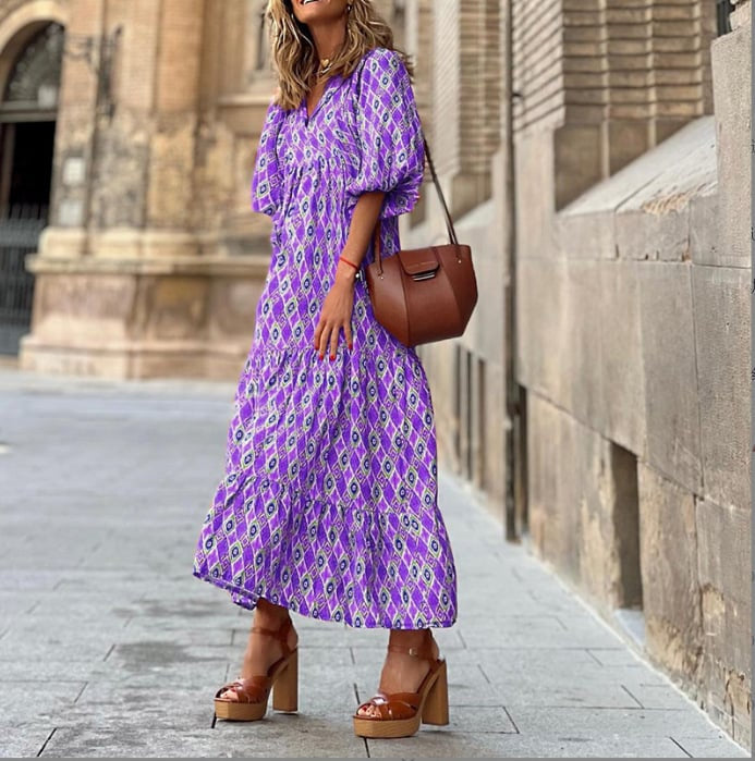 Summer Dresses for Women, Boho Floral Maxi Dress with Puff Sleeves