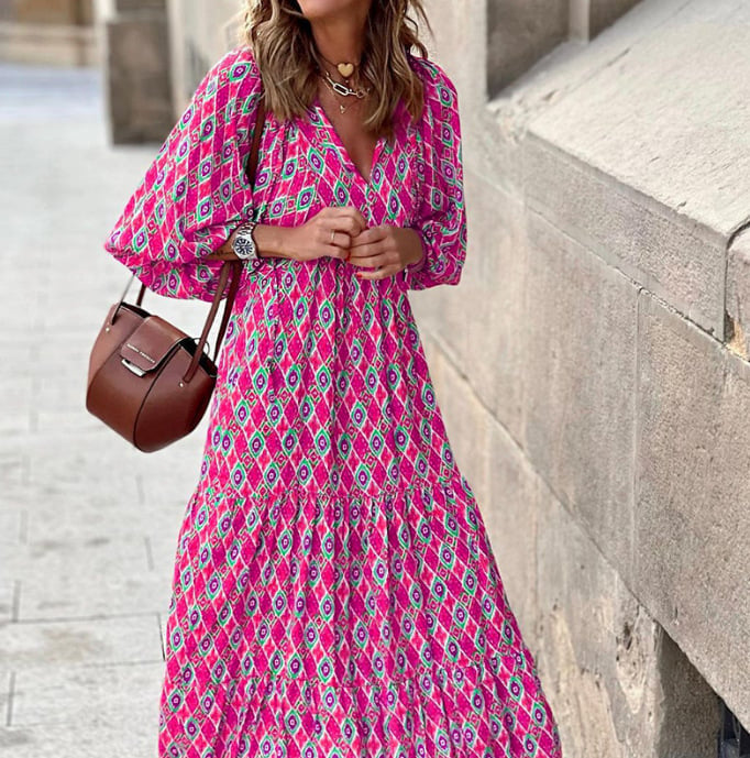 Summer Dresses for Women, Boho Floral Maxi Dress with Puff Sleeves