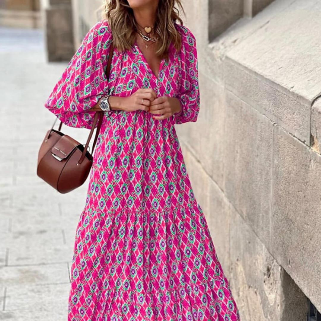 Summer Dresses for Women, Boho Floral Maxi Dress with Puff Sleeves