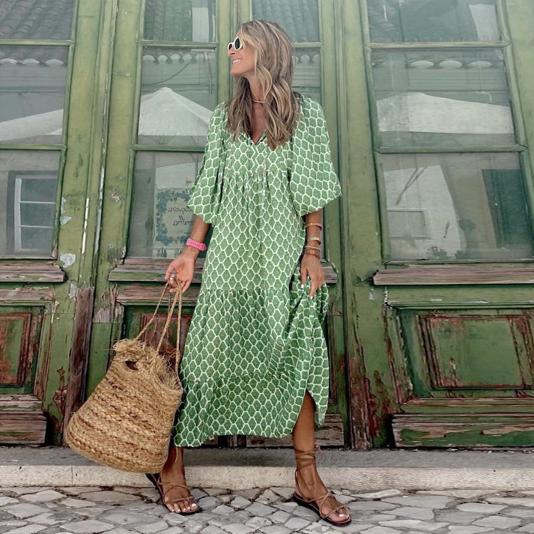 Summer Dresses for Women, Boho Floral Maxi Dress with Puff Sleeves