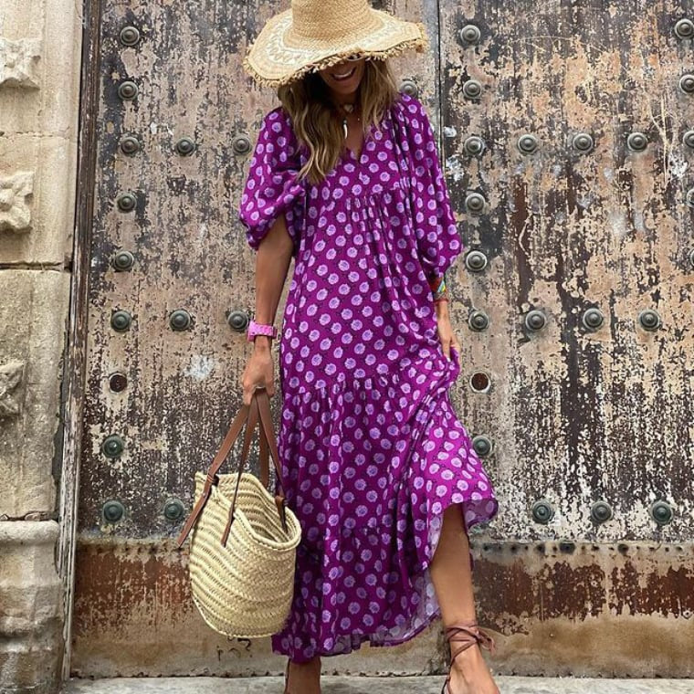 Summer Dresses for Women, Boho Floral Maxi Dress with Puff Sleeves